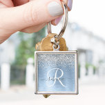 Blue Brushed Metal Silver Glitter Monogram Name Key Ring<br><div class="desc">Easily personalise this trendy chic keychain design featuring pretty silver sparkling glitter on a blue brushed metallic background.</div>