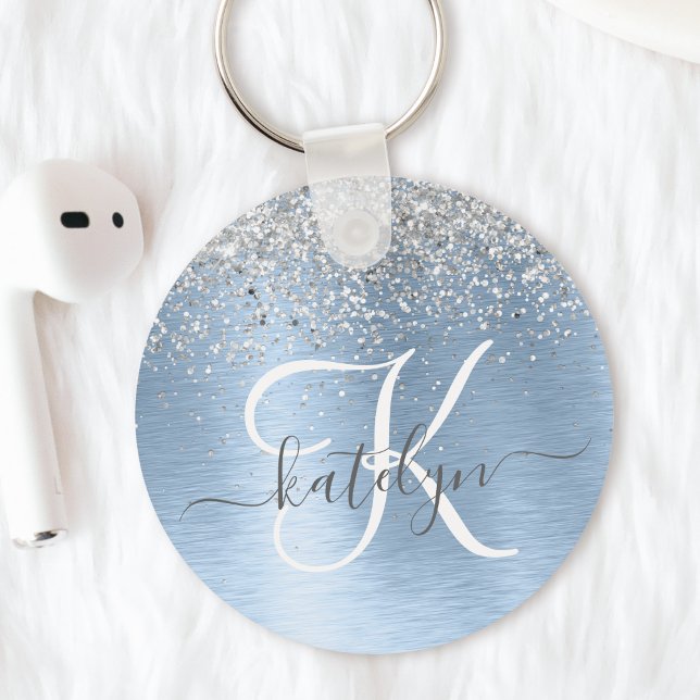 Blue Brushed Metal Silver Glitter Monogram Name Key Ring (This keychain has a cool blue brushed metal design with silver glitter, your monogram and name.)