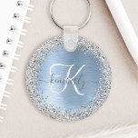 Blue Brushed Metal Silver Glitter Monogram Name Key Ring<br><div class="desc">Easily personalise this trendy chic keychain design featuring pretty silver sparkling faux glitter on a blue brushed metallic background.</div>