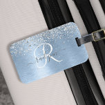 Blue Brushed Metal Silver Glitter Monogram Name Luggage Tag<br><div class="desc">Easily personalise this trendy chic luggage tag design featuring pretty silver sparkling glitter on a blue brushed metallic background.</div>