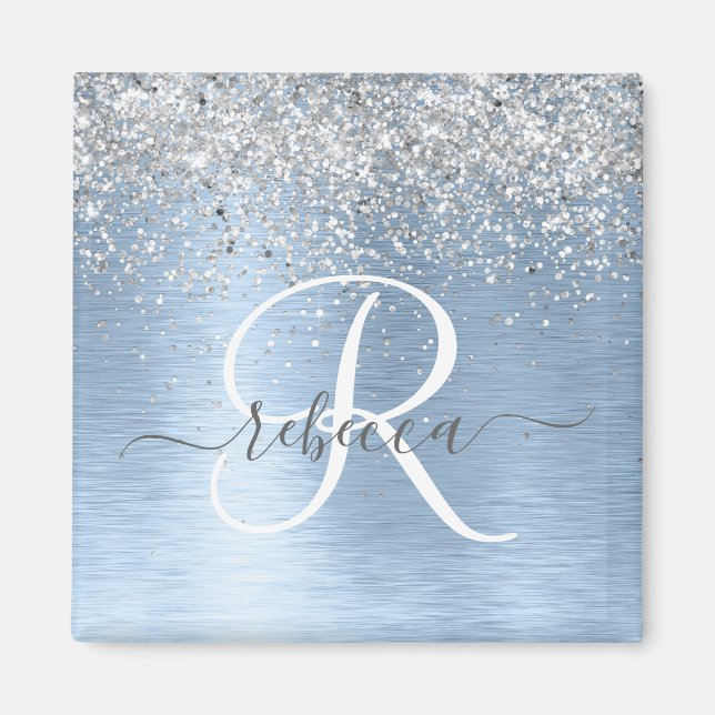 Blue Brushed Metal Silver Glitter Monogram Name Magnet (Front)