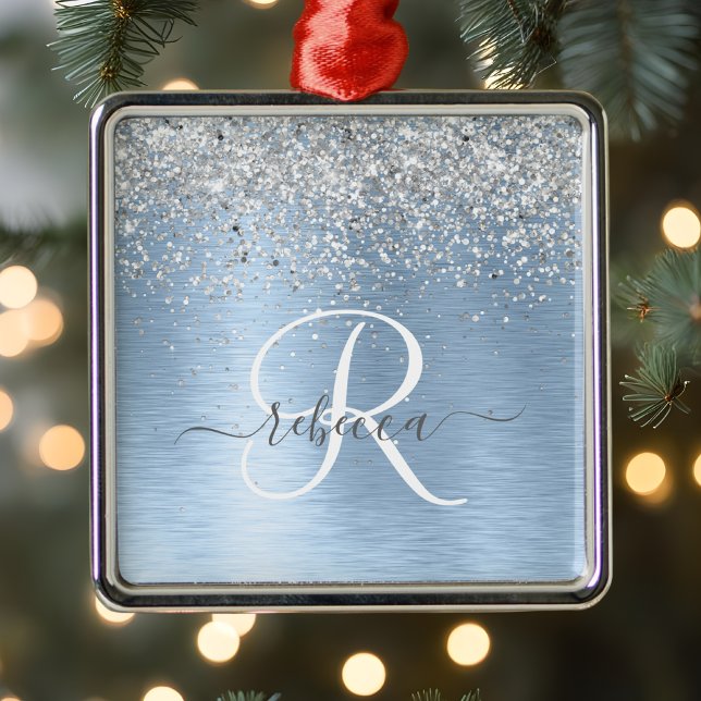 Blue Brushed Metal Silver Glitter Monogram Name Metal Tree Decoration (Creator Uploaded)