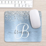 Blue Brushed Metal Silver Glitter Monogram Name Mouse Mat<br><div class="desc">Easily personalize this trendy chic mouse pad design featuring pretty silver sparkling glitter on a blue brushed metallic background.</div>