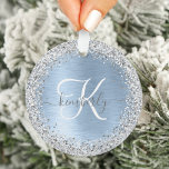 Blue Brushed Metal Silver Glitter Monogram Name Ornament<br><div class="desc">Easily personalise this trendy chic ornament design featuring pretty silver sparkling glitter on a blue brushed metallic background.</div>