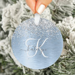 Blue Brushed Metal Silver Glitter Monogram Name Ornament<br><div class="desc">Easily personalise this trendy chic ornament design featuring pretty silver sparkling glitter on a blue brushed metallic background.</div>