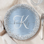 Blue Brushed Metal Silver Glitter Monogram Name Paper Plate<br><div class="desc">Easily personalise this trendy chic paper plate design featuring pretty silver sparkling faux glitter on a blue brushed metallic background.</div>