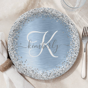 Blue Brushed Metal Silver Glitter Monogram Name Paper Plate