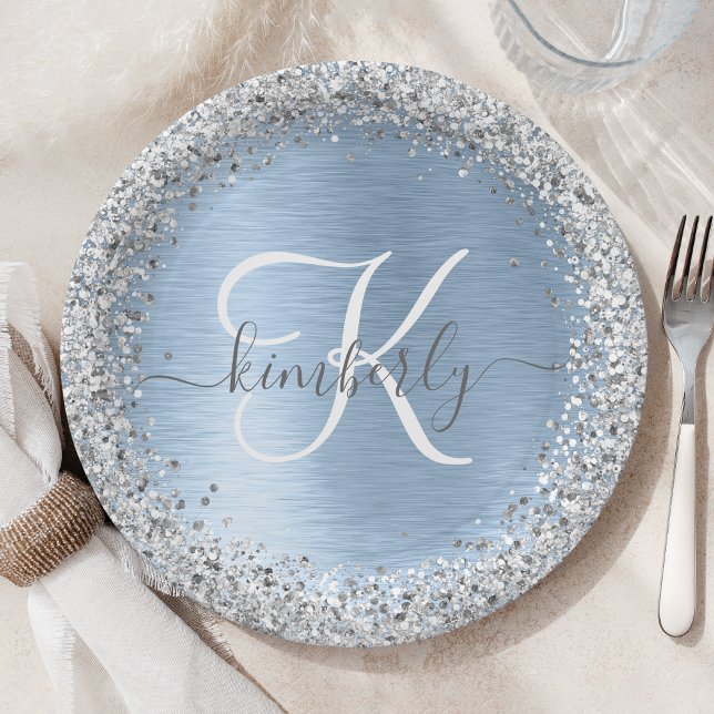 Blue Brushed Metal Silver Glitter Monogram Name Paper Plate (Creator Uploaded)