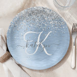 Blue Brushed Metal Silver Glitter Monogram Name Paper Plate<br><div class="desc">Easily personalise this trendy chic paper plates design featuring pretty silver sparkling glitter on a blue brushed metallic background.</div>