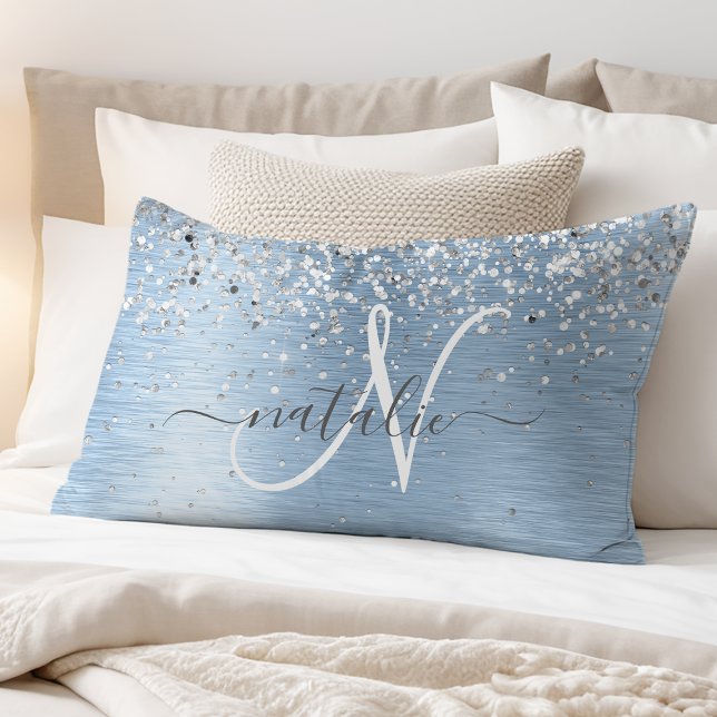 Blue Brushed Metal Silver Glitter Monogram Name Pillowcase (Creator Uploaded)