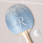 Blue Brushed Metal Silver Glitter Monogram Name Ping Pong Paddle<br><div class="desc">Easily personalise this trendy chic ping pong paddle design featuring pretty silver sparkling glitter on a blue brushed metallic background.</div>
