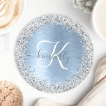 Blue Brushed Metal Silver Glitter Monogram Name Round Paper Coaster<br><div class="desc">Easily personalise this trendy chic coaster design featuring pretty silver sparkling faux glitter on a blue brushed metallic background.</div>