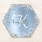 Blue Brushed Metal Silver Glitter Monogram Name