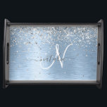 Blue Brushed Metal Silver Glitter Monogram Name Serving Tray<br><div class="desc">Easily personalise this trendy chic serving tray design featuring pretty silver sparkling glitter on a blue brushed metallic background.</div>