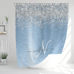 Blue Brushed Metal Silver Glitter Monogram Name Shower Curtain<br><div class="desc">Easily personalise this trendy chic shower curtain design featuring pretty silver sparkling glitter on a blue brushed metallic background.</div>