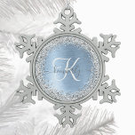 Blue Brushed Metal Silver Glitter Monogram Name Snowflake Pewter Christmas Ornament<br><div class="desc">Easily personalise this trendy chic snowflake framed Christmas ornament design featuring pretty silver sparkling faux glitter on a blue brushed metallic background.</div>
