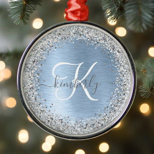 Blue Brushed Metal Silver Glitter Monogram Name Tree Decoration