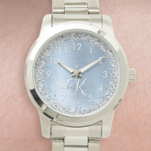 Blue Brushed Metal Silver Glitter Monogram Name Watch