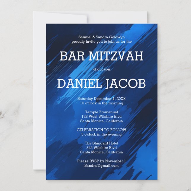 Blue Brushstrokes Custom BAR BAT MITZVAH  Invitation (Front)