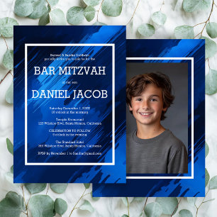 Blue Brushstrokes Custom Photo BAR BAT MITZVAH  Invitation