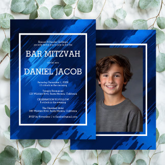 Blue Brushstrokes Custom Photo BAR BAT MITZVAH Invitation
