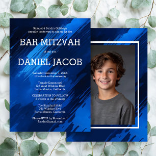 Blue Brushstrokes Custom Photo BAR BAT MITZVAH  Invitation