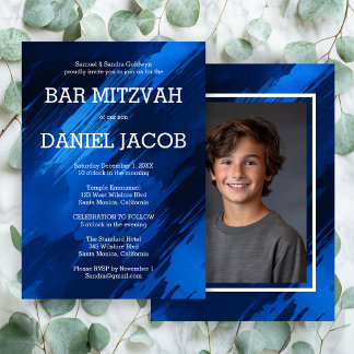 Blue Brushstrokes Custom Photo BAR BAT MITZVAH Invitation