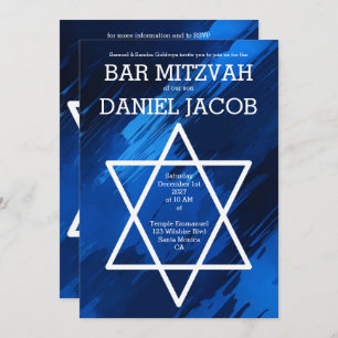 Blue Brushstrokes Star QR Custom BAR BAT MITZVAH  Invitation
