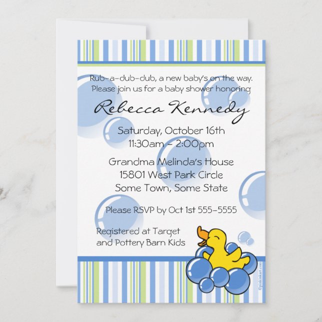 Blue Bubble Ducky Baby Shower Invitations (Front)