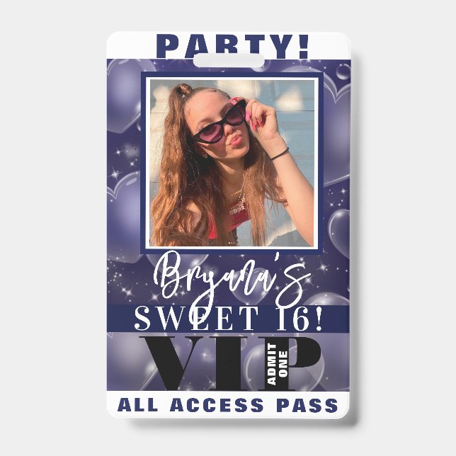 Blue Bubble Hearts Birthday Party VIP Pass Badge ID Badge (Front)