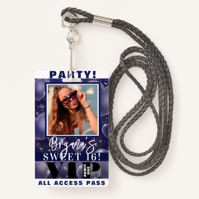 Blue Bubble Hearts Birthday Party VIP Pass Badge ID Badge (Front with Lanyard)