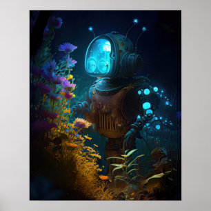 Blue Bubbles Bot & Flowers Poster