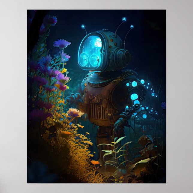 Blue Bubbles Bot & Flowers Poster (Front)