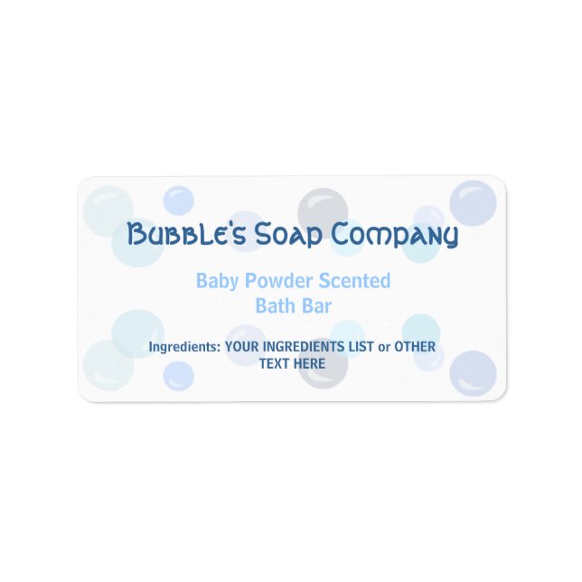 Blue Bubbles Pattern on White Soap Label (Front)