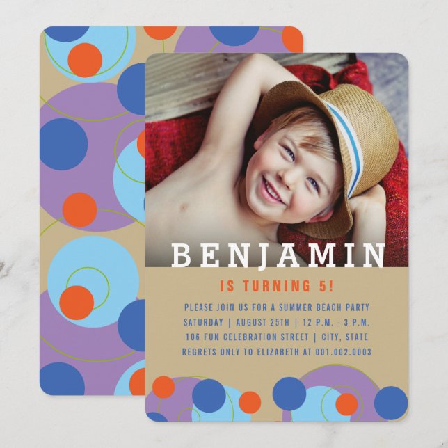 Blue Bubbles Polka Dots Photo Boy Birthday Party Invitation (Front/Back)