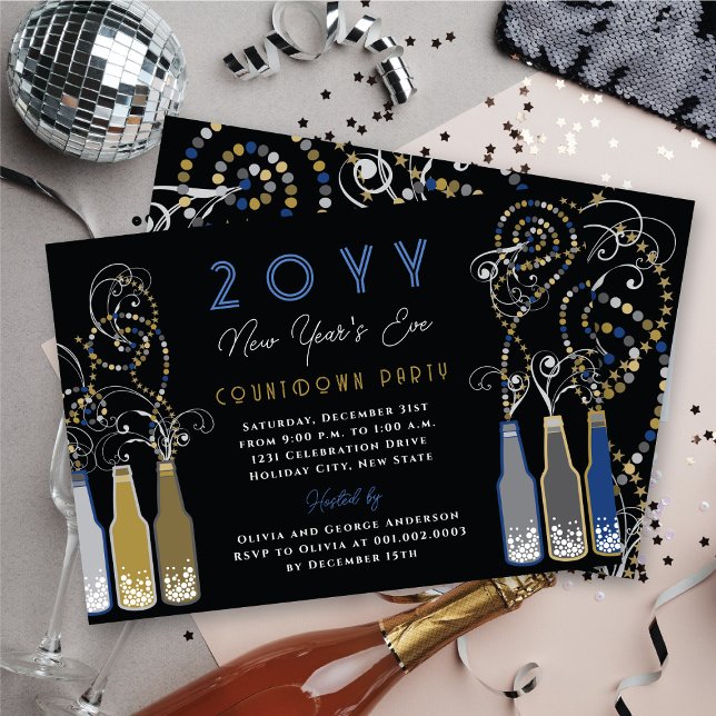Blue Bubbly Bottles Swirls New Year's Eve Party Invitation (Blue Bubbly Bottles Swirls New Year's Eve Party Invitation @ fat_fa_tin)