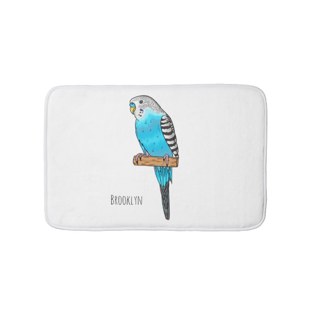 Blue budgerigar bird cartoon illustration  bath mat (Front)