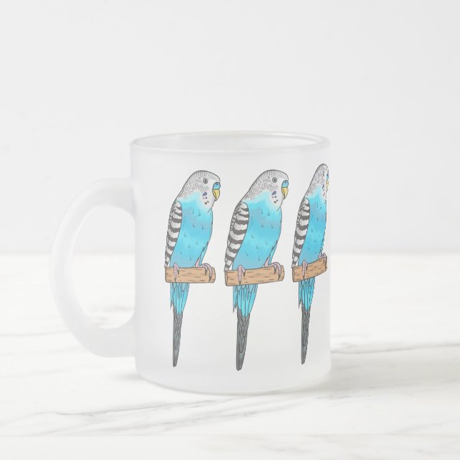 Blue budgerigar bird cartoon illustration frosted glass coffee mug (Left)