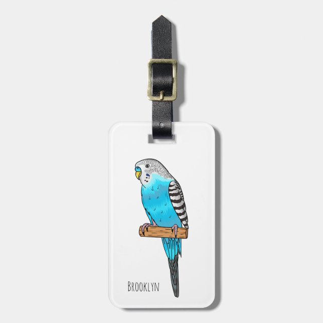 Blue budgerigar bird cartoon illustration luggage tag (Front Vertical)