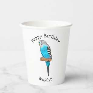 Blue budgerigar bird cartoon illustration  paper cups