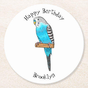 Blue budgerigar bird cartoon illustration  round paper coaster
