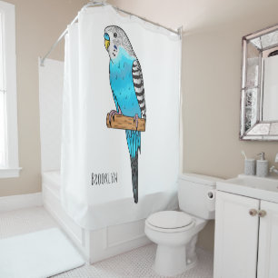 Blue budgerigar bird cartoon illustration shower curtain