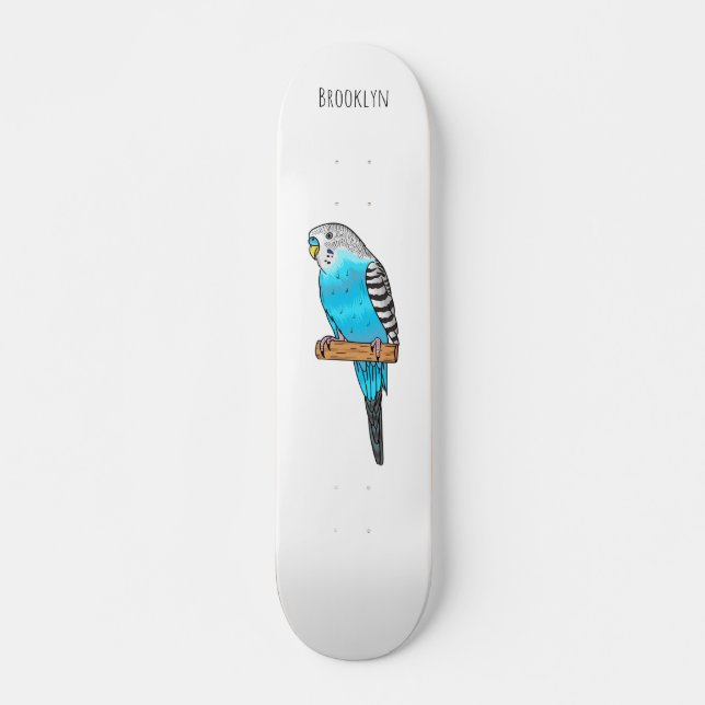 Blue budgerigar bird cartoon illustration  skateboard (Front)