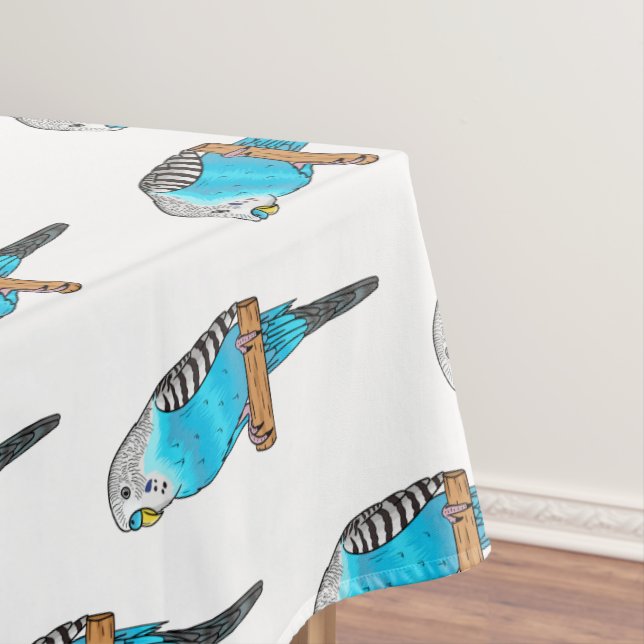 Blue budgerigar bird cartoon illustration tablecloth (In Situ)