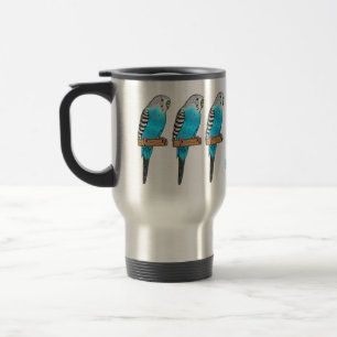 Blue budgerigar bird cartoon illustration travel mug