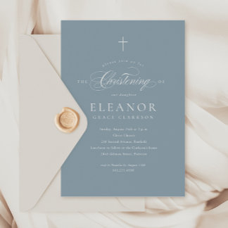 Blue Budget Elegant Cross Calligraphy Christening Invitation