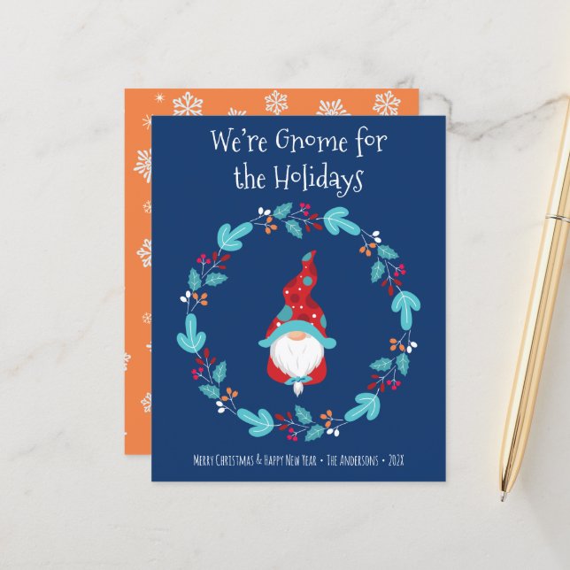 Blue Budget Gnome for Holidays Elf Wreath Card (Front/Back In Situ)