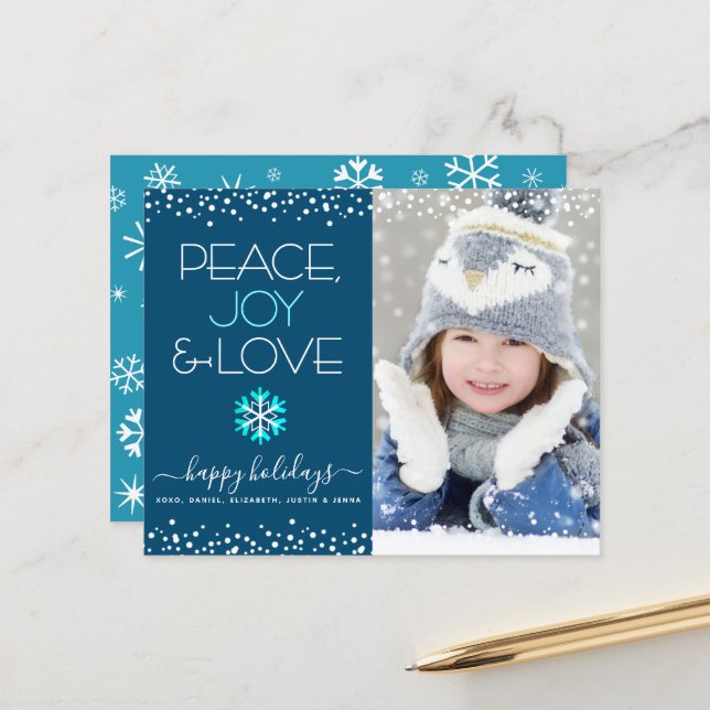 Blue Budget Holiday Peace Joy Love Photo Bold Card (Front/Back In Situ)