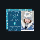 Blue Budget Holiday Peace Joy Love Photo Bold Card<br><div class="desc">“Peace, joy & love.” A fun, playful, turquoise blue and white snowflake illustration, white confetti dots, and turquoise and white modern typography on a navy blue background, along with the custom photo of your choice, help you usher in the holiday season. A random white snowflake pattern overlays turquoise blue on...</div>