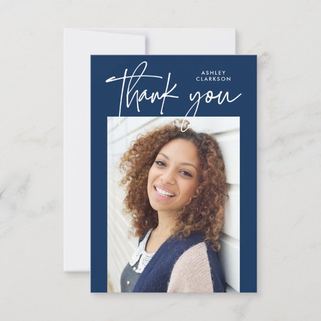 Blue Budget Modern Calligraphy Photo Graduation Thank You Card (Front)